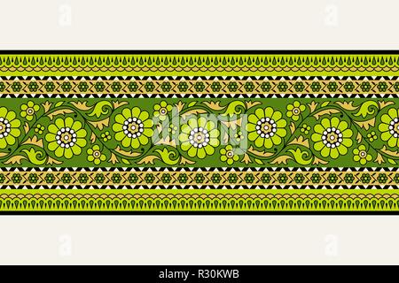 Woodblock printed seamless ethnic floral border. Traditional oriental ornament of India, garland motif, green and gold tones on ecru background. Stock Vector