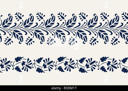 Set of 2 seamless woodblock printed indigo dye ethnic floral borders. Traditional oriental ornament of India, flower garland motif, navy blue on ecru Stock Vector