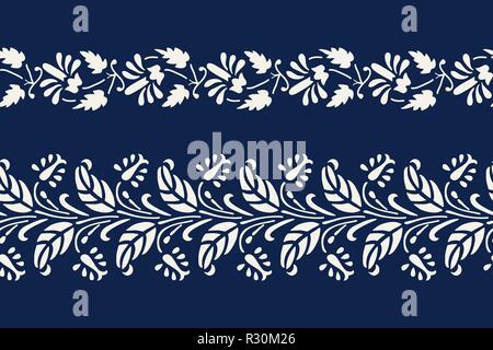 Set of 2 seamless woodblock printed indigo dye ethnic floral borders. Traditional oriental ornament of India, flower garland motif, ecru on navy blue Stock Vector