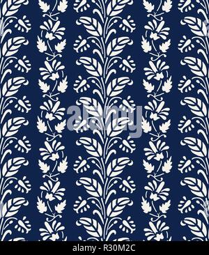 Woodblock printed indigo dye seamless ethnic floral pattern. Traditional oriental ornament of India, flower garland motif in vertical stripes, ecru Stock Vector