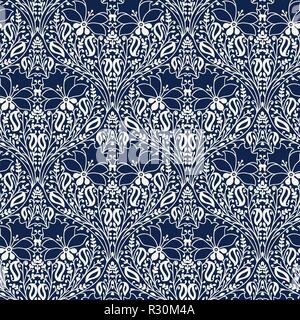 Indigo dye woodblock printed seamless ethnic floral pattern. Traditional oriental ornament of India, damask of flowers and leaves, ecru on navy blue Stock Vector