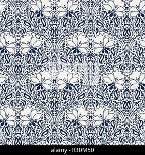Indigo dye woodblock printed seamless ethnic floral pattern. Traditional oriental ornament of India, damask of flowers and leaves, navy blue on ecru Stock Vector