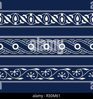 Set of 3 seamless woodblock printed indigo dye ethnic floral borders. Traditional oriental ornament of North India, flower garland and wave motifs Stock Vector