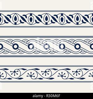 Set of 3 seamless woodblock printed indigo dye ethnic floral borders. Traditional oriental ornament of North India, flower garland and wave motifs Stock Vector