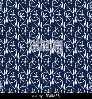 Seamless woodblock printed indigo dye ethnic floral pattern. Traditional oriental ornament of North India, vertical flower garland motif, ecru Stock Vector