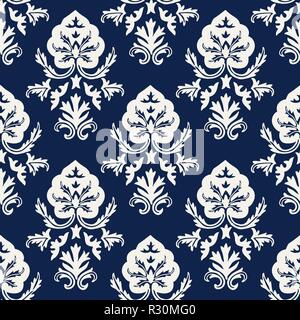 Indigo dye woodblock printed seamless ethnic damask pattern. Traditional oriental ornament of  Kashmir India, stylized acanthus leaves, ecru on navy Stock Vector