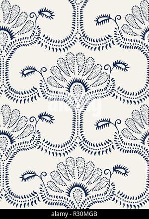 Seamless Indigo dye woodblock printed paisley damask pattern. Traditional oriental ornament of India, with dotted flowers and vines, navy blue on ecru Stock Vector
