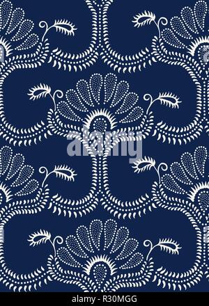 Seamless Indigo dye woodblock printed paisley damask pattern. Traditional oriental ornament of India, with dotted flowers and vines, ecru on navy blue Stock Vector