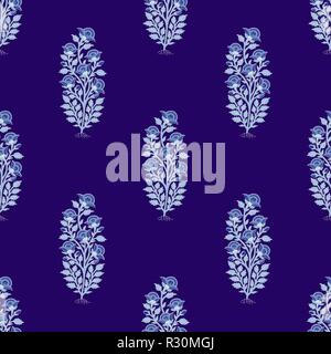 Woodblock printed indigo dye seamless ethnic floral all over pattern. Traditional oriental motif of India, flowers of Kashmir, with blue poppies Stock Vector