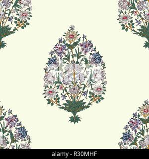 Woodblock printed seamless ethnic floral all over pattern. Traditional oriental motif of of India Jaipur, bunch of chrysanthemums, lilies, roses Stock Vector