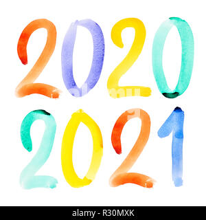 Happy New Year 2020, 2021 - Colorful hand drawn watercolor lettering Stock Photo