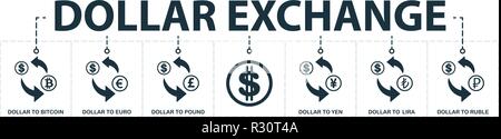 Dollar Exchange set icons collection. Includes simple elements such as Dollar To Bitcoin, Dollar To Euro, Dollar To British Pound, To Yen and Ruble pr Stock Vector