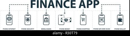 Finance App set icons collection. Includes simple elements such as Phone Internet, Phone Contacts Security, Mobile Bank, Phone Money, Shopping, Qr Cod Stock Vector