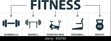 Sport Equipment set icons collection. Includes simple elements such as dumbbells, barbell, exercise bike, treadmill, weight premium icons. Stock Vector