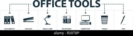 Office Tools set icons collection. Includes simple elements such as Documents, Stapler, Table Lamp, Telephone, Computer, Trash and Pen premium icons. Stock Vector