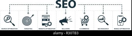 Seo set icons collection. Includes simple elements such as search optimization, keywords, bullhorn, e-commerce optimization, mobile optimization, seo, Stock Vector