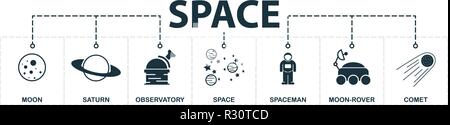 Space set icons collection. Includes simple elements such as Moon, Saturn, Observatory, Stars, Spacemen, Moon-Rover and Ufo premium icons. Stock Vector