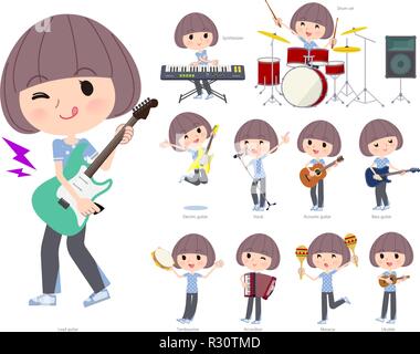 A set of women in Sportswear playing rock 'n' roll and pop music.There are also various instruments such as ukulele and tambourine.It's vector art so  Stock Vector