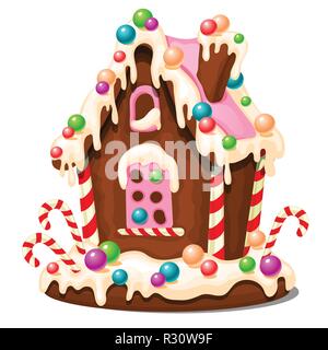 Festive cake in shape of village house decorated in Christmas style isolated on white background. Sweet festive pastries. Gingerbread house. Sketch for greeting card, festive poster. Vector cartoon. Stock Vector