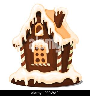 Festive cake in shape of village house decorated in Christmas style isolated on white background. Sweet festive pastries. Sketch for greeting card, festive poster. Gingerbread house. Vector cartoon. Stock Vector