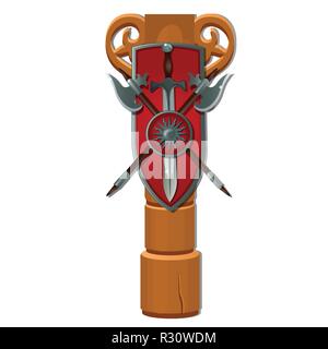 Wooden pole with a shield, a sword and two sharp halberds isolated on white background. Vector cartoon close-up illustration. Stock Vector