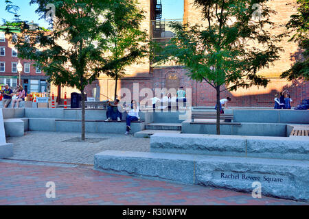 Small local park (Rachel Revere Square) with seating across from Paul Revere’s House in Boston, Massachusetts, USA Stock Photo