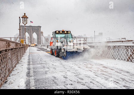 Snow Removal on Brooklyn Bridge New York at snow storm