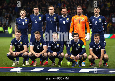 Scotland team group during the UEFA Nations League, Group C1 match at Hampden Park, Glasgow. PRESS ASSOCIATION Photo. Picture date: Tuesday November 20, 2018. See PA story SOCCER Scotland. Photo credit should read: Jane Barlow/PA Wire. RESTRICTIONS: Use subject to restrictions. Editorial use only. Commercial use only with prior written consent of the Scottish FA. Stock Photo