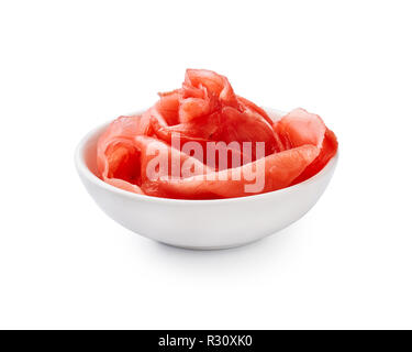 Pickled ginger slices in bowl isolated on white background. Stock Photo