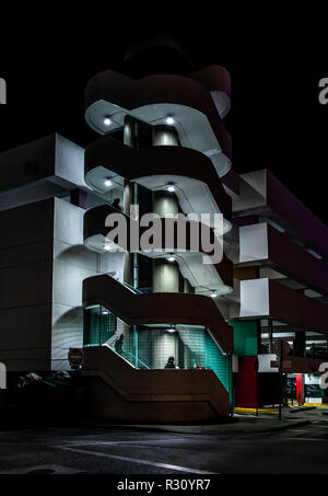 Night view of external flights of stairs, Miami Beach, Florida, USA. Stock Photo