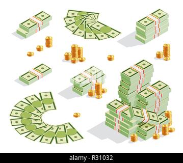 Set of stack of banknotes, golden coins, money fan, cash Stock Vector