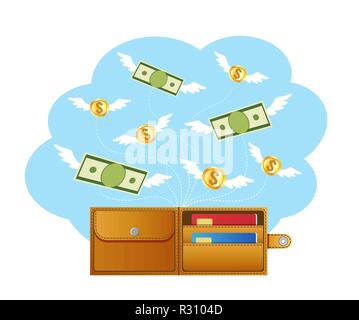 Banknotes and coins with wings flying away from wallet Stock Vector