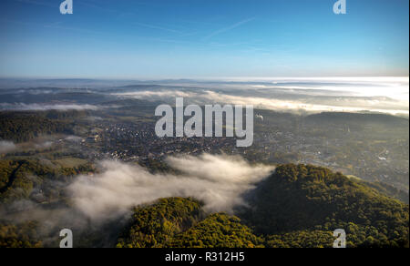 Aerial view, fog over Bad Driburg, Paderborn, North Rhine-Westphalia, Germany, Europe ,, Bad Driburg, DEU, Europe, birds-eyes view, aerial view, aeria Stock Photo