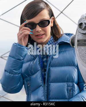 New York, NY - November 20, 2018: Millie Bobby Brown new UNICEF Goodwill Ambassador lights Empire State Building in blue to honor World Children's  Day at ESB Observatory Credit: lev radin/Alamy Live News Stock Photo