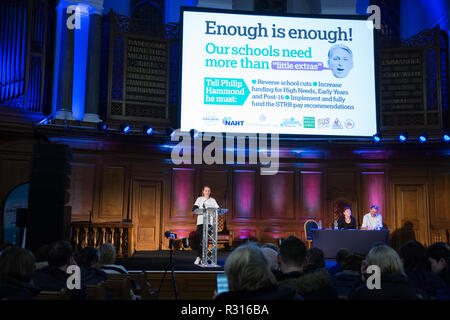 London, UK. 20th November, 2018. Poppy Rose of SEND Crisis addresses education staff, parents, governors, councillors, MPs and students at a March for Education rally to protest against crises involving education funding, recruitment, staff retention and remuneration. Credit: Mark Kerrison/Alamy Live News Stock Photo