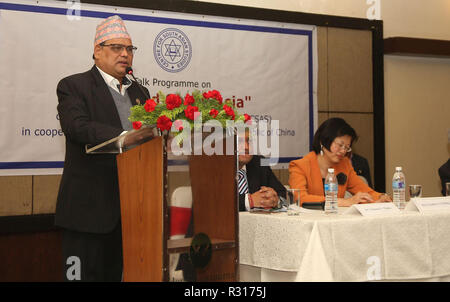 Kathmandu, Nepal. 20th Nov, 2018. Speaker of the Nepali parliament Krishna Bahadur Mahara (L) speaks during a forum titled "BRI and South Asia" organized by Centre for South Asian Studies (CSAS) in Kathmandu, Nepal, Nov. 20, 2018. Speaker of the Nepali parliament Krishna Bahadur Mahara on Tuesday said that Nepal-China cooperation under the China-proposed Belt and Road Initiative will serve the national interests of Nepal. Credit: Sunil Sharma/Xinhua/Alamy Live News Stock Photo