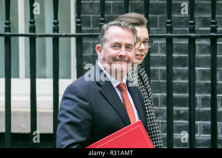 London UK. 21st November 2018. DR Liam Fox MP for East Kilbride and Secretary of State for International Trade and President of the Board of Trade arrives at Downing Street with an aide Credit: amer ghazzal/Alamy Live News Stock Photo