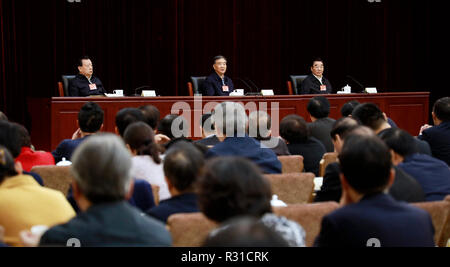 (181121) -- BEIJING, Nov. 21, 2018 (Xinhua) -- Wang Yang, a member of the Standing Committee of the Political Bureau of the Communist Party of China (CPC) Central Committee and chairman of the National Committee of the Chinese People's Political Consultative Conference (CPPCC), attends a seminar with newly appointed, Beijing-based members of the CPPCC National Committee, in Beijing, capital of China. The seminar ran from Monday to Wednesday. (Xinhua/Liu Bin)(mcg) Stock Photo