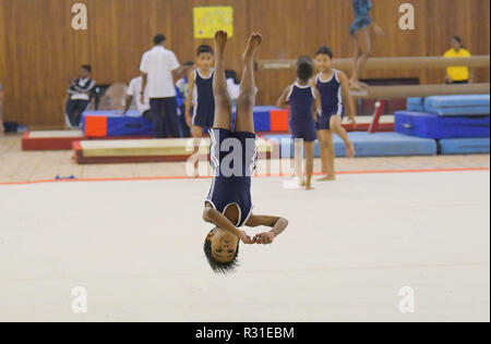 Agartala, Tripura, India. 18th Nov, 2018. A Gymnast from a different state of the Northeast India, is seen performing gymnastic at the indoor stadium during the 6th North East Youth Festival in Tripura. Credit: Abhisek Saha/SOPA Images/ZUMA Wire/Alamy Live News Stock Photo