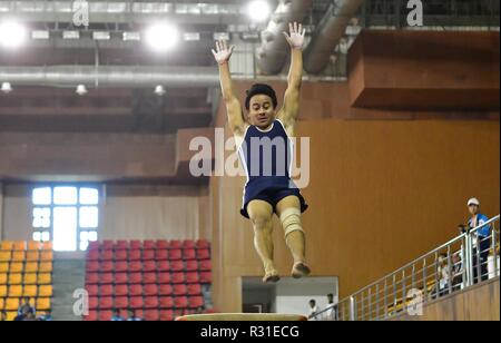 Agartala, Tripura, India. 18th Nov, 2018. A Gymnast from a different state of the Northeast India, is seen performing gymnastic at the indoor stadium during the 6th North East Youth Festival in Tripura. Credit: Abhisek Saha/SOPA Images/ZUMA Wire/Alamy Live News Stock Photo