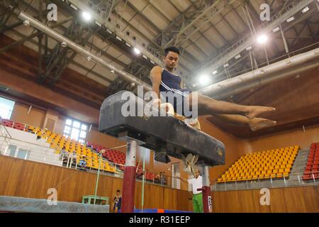 Agartala, Tripura, India. 18th Nov, 2018. A Gymnast from a different state of the Northeast India, is seen performing gymnastic at the indoor stadium during the 6th North East Youth Festival in Tripura. Credit: Abhisek Saha/SOPA Images/ZUMA Wire/Alamy Live News Stock Photo