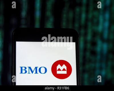Kiev, Ukraine. 21st Nov, 2018. Bank of Montreal Financial services company logo seen displayed on smart phone. The Bank of Montreal, operating as BMO Financial Group, is a Canadian multinational banking and financial services corporation. One of the Big Five banks in Canada, it is the fourth-largest bank in Canada by market capitalization and assets, as well as one of the ten largest banks in North America. Credit: Igor Golovniov/SOPA Images/ZUMA Wire/Alamy Live News Stock Photo