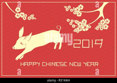 Pig and sakura blossom on the red dragon scale pattern. Happy chinese new year 2019 vector illustration. Stock Vector