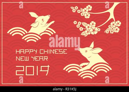 Pigs and sakura blossom on the dragon scale pattern. Happy chinese new year 2019 vector illustration. Stock Vector