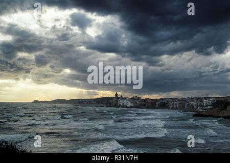 The beautiful town of Sitges, Landscape of the coastline in Sitges before the rain, dramatic sea Stock Photo