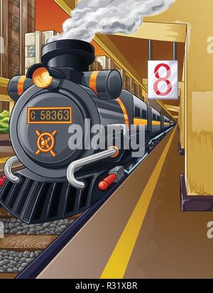 Railway in train station and steam engine. Stock Vector