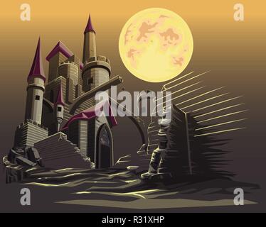 Castle in the dark night and full moon. Stock Vector