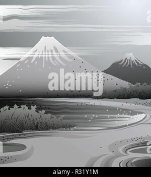 Landscape in Japanese ink style. Stock Vector