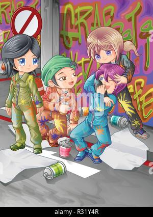 Graffiti artists and street background. Stock Vector