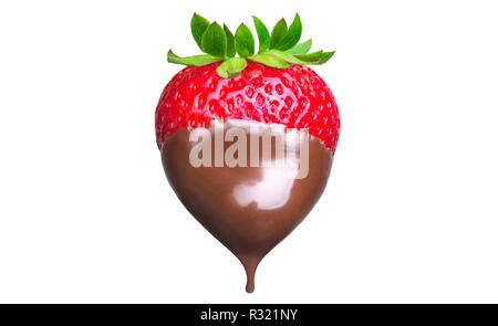 Fondue strawberry in hot black chocolate  isolated on white background Stock Photo